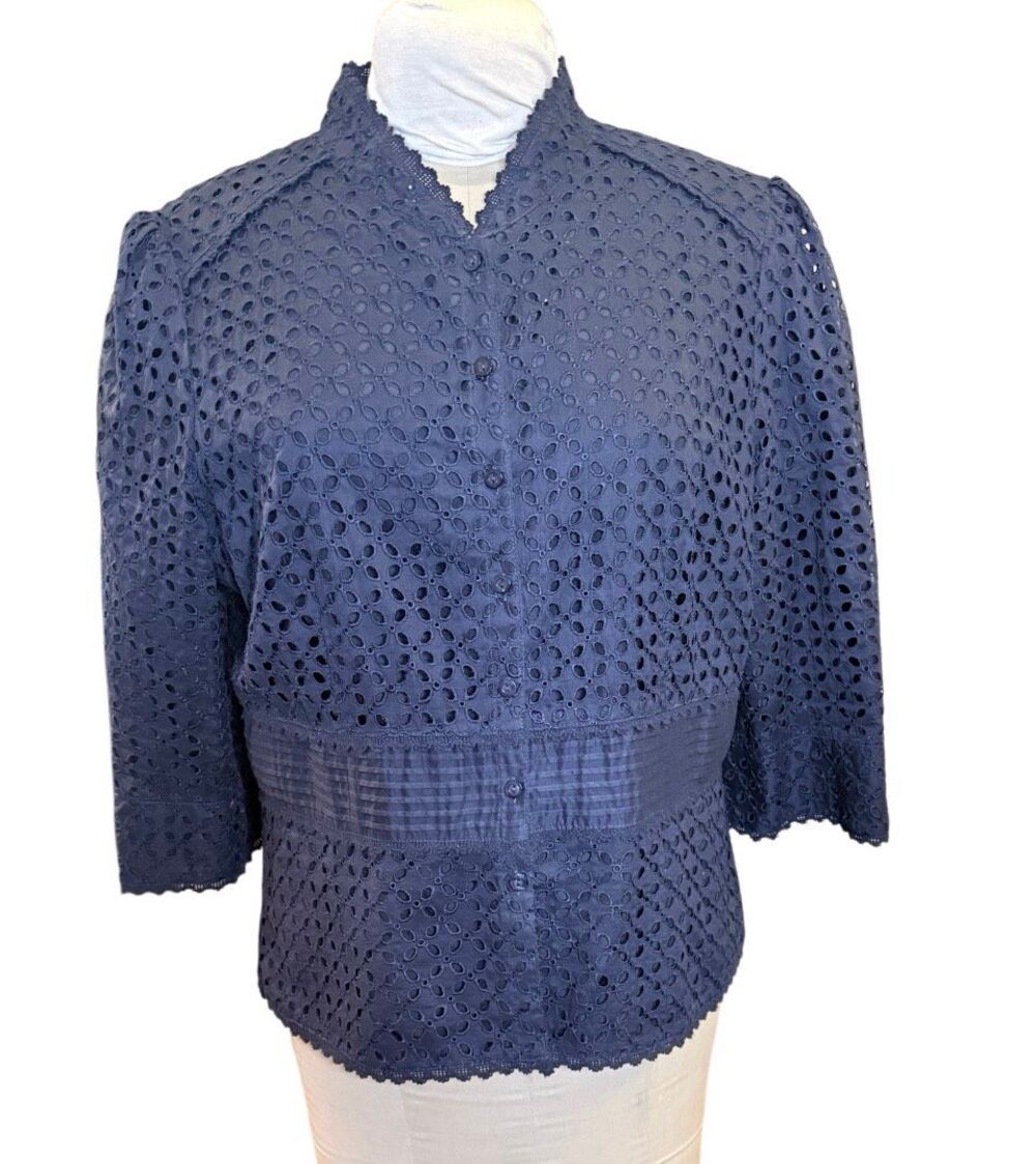 Nygard Collection Navy Eyelet Shirt/Cardigan Sz. 16 Classic Old Money